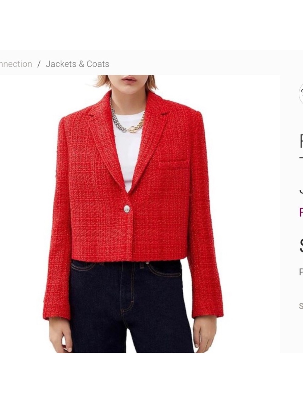 French Connection Cropped Azzurra Red Soft Tweed Blazer Jacket, 4